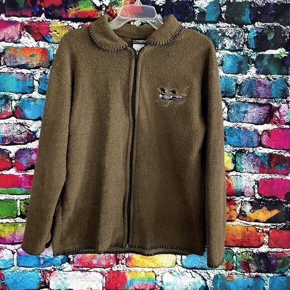 Vintage Sweaters - Vintage Wild Wings Collection Fleece Zip Front Duck Embroidered Shirt Jacket Lar